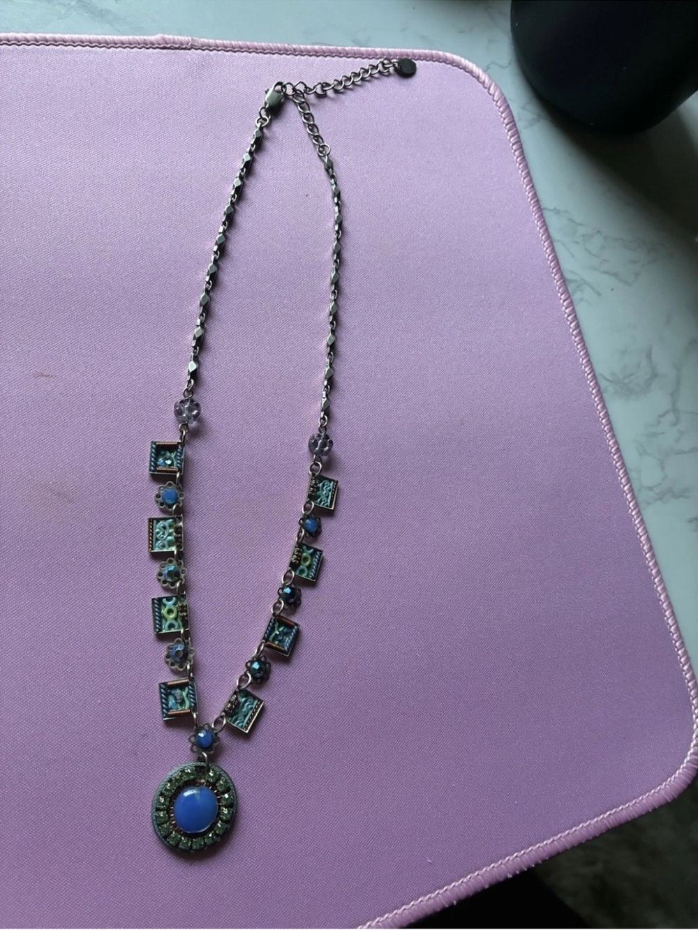 ADAYA Signed Vintage Israeli Statement Necklace Blue Teal Micro Mosaic Crystal